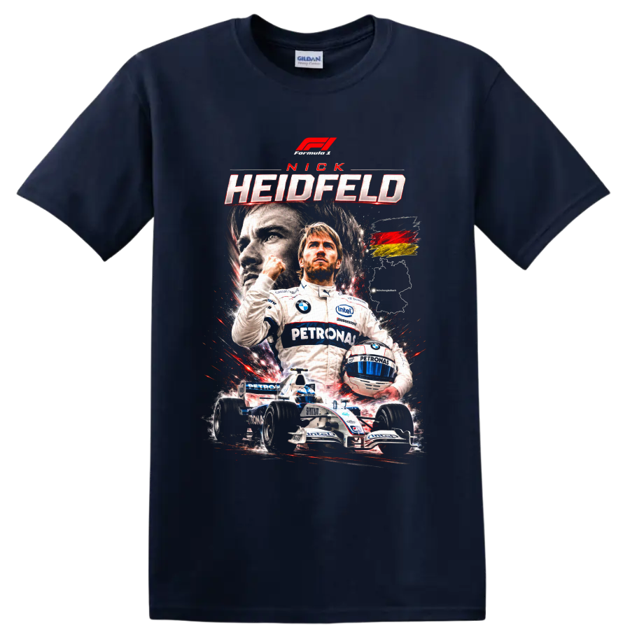 Nick Heidfeld BMW Sauber Formula 1 racing poster graphic with helmet and race car on a Navy (Blue) T Shirt