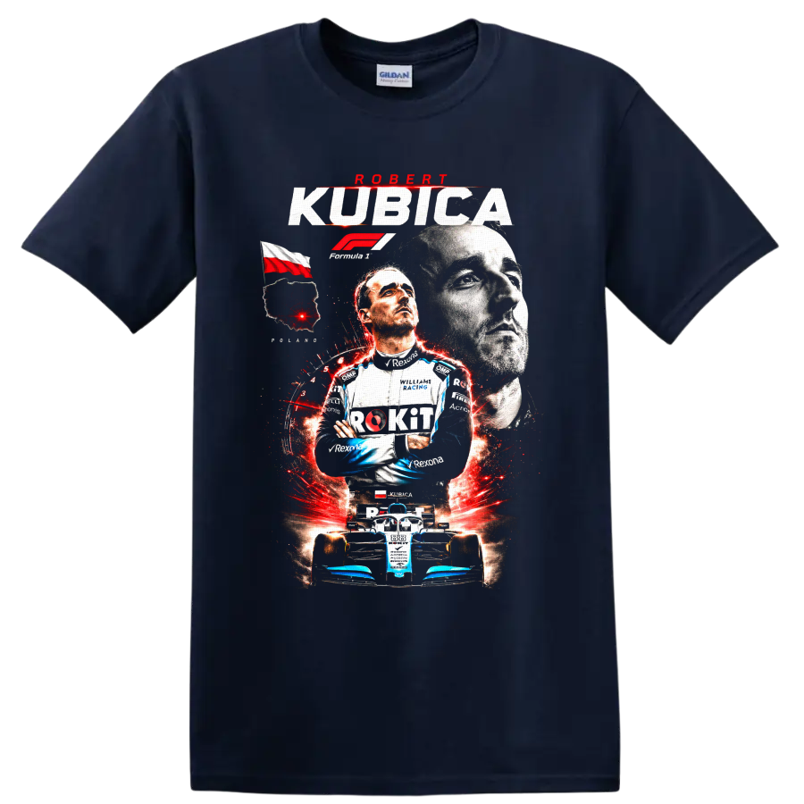 Robert Kubica Williams Racing Formula 1 portrait and race car graphic print on a Navy (Blue) T Shirt