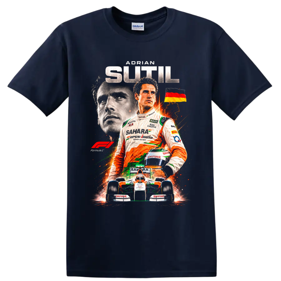 Adrian Sutil Sahara Force India Formula 1 driver collage with German flag and race car on a Navy (Blue) T Shirt