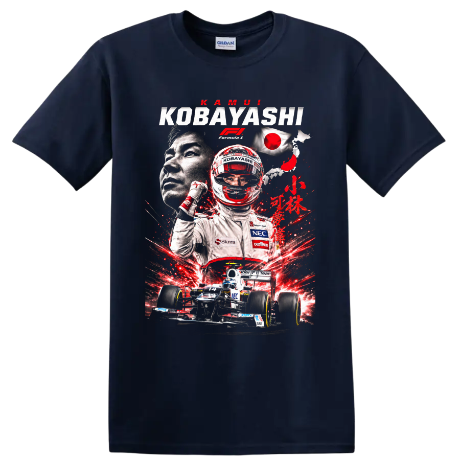 Kamui Kobayashi Sauber Formula 1 collage with helmet, No. 14 car, and Japan flag on a Navy (Blue) T Shirt