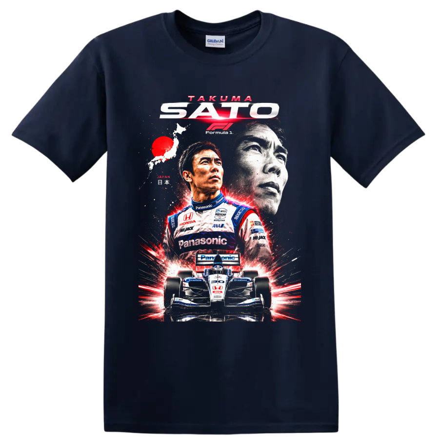 Takuma Sato racing collage with IndyCar number 30 car and Japanese map graphic on a Navy (Blue) T Shirt