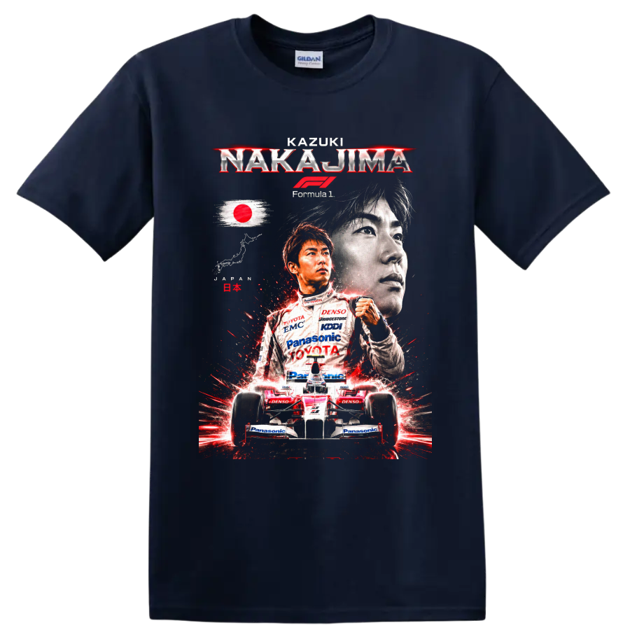 Kazuki Nakajima Toyota Formula 1 portrait and race car graphic with Japanese flag on a Navy (Blue) T Shirt