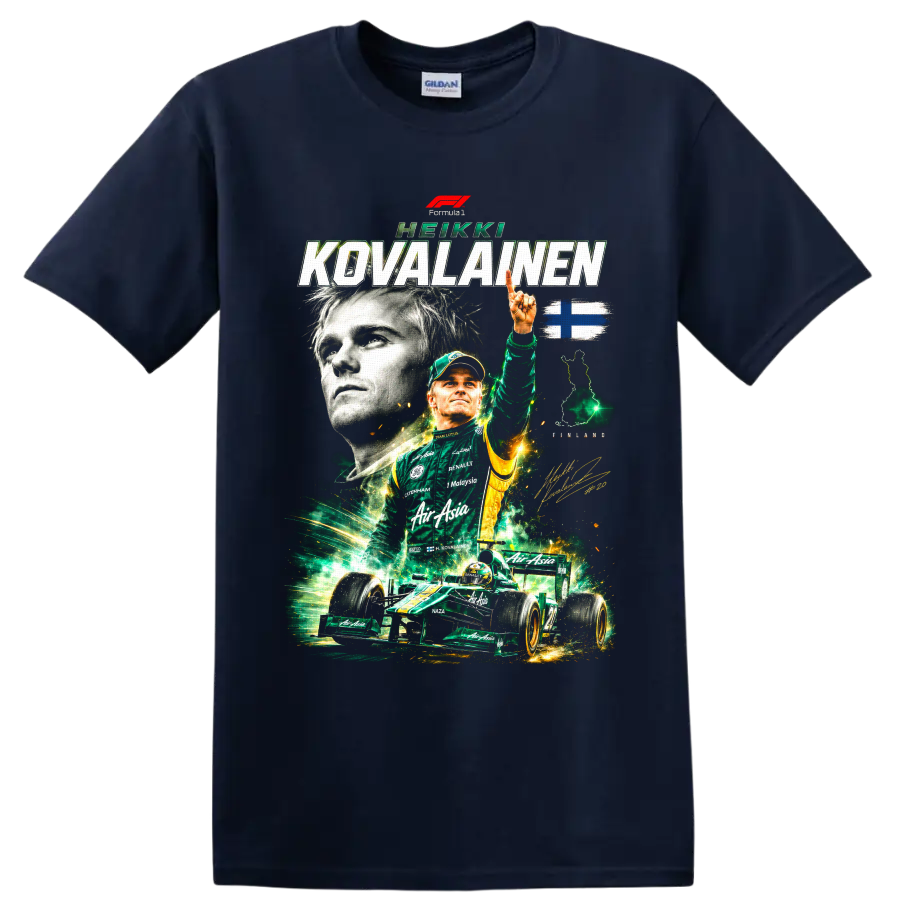 Heikki Kovalainen Formula 1 collage with green race car, Finland flag, and signature on a Navy (Blue) T Shirt