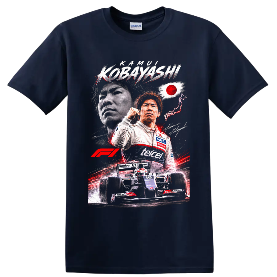 Kamui Kobayashi Sauber Formula 1 portrait and number 16 race car graphic on a Navy (Blue) T Shirt
