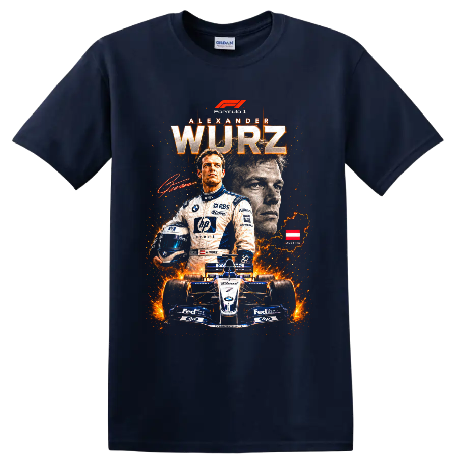 Alexander Wurz Williams Formula 1 racing collage with helmet, car, and Austria map on a Navy (Blue) T Shirt