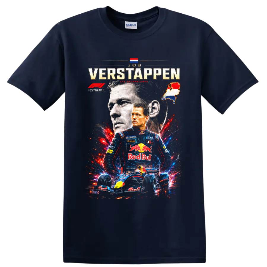 Jos Verstappen Formula 1 collage with portrait, Dutch map, and open-wheel race car on a Navy (Blue) T Shirt