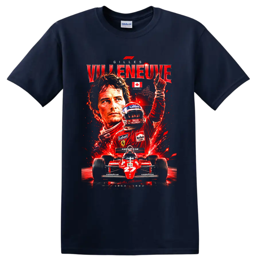 Gilles Villeneuve Ferrari number 27 Formula 1 racing tribute collage on a Navy (Blue) T Shirt