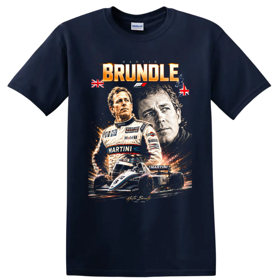 Dramatic Martin Brundle racing portrait collage with open-wheel car and BRUNDLE text on a Navy (Blue) T Shirt
