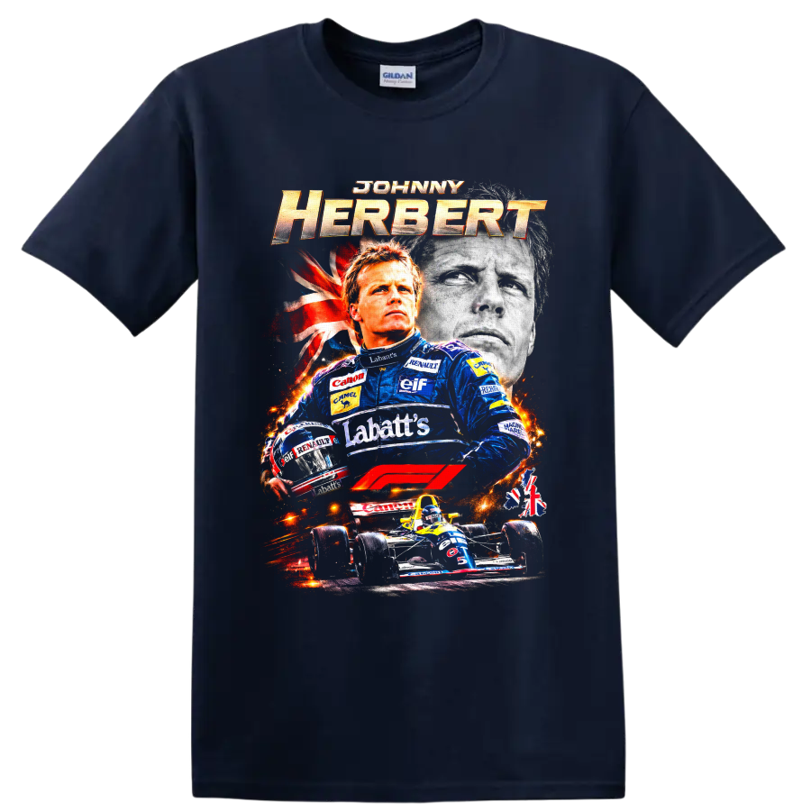 Johnny Herbert Formula 1 racing collage with Lotus suit, helmet, portrait, and race car on a Navy (Blue) T Shirt