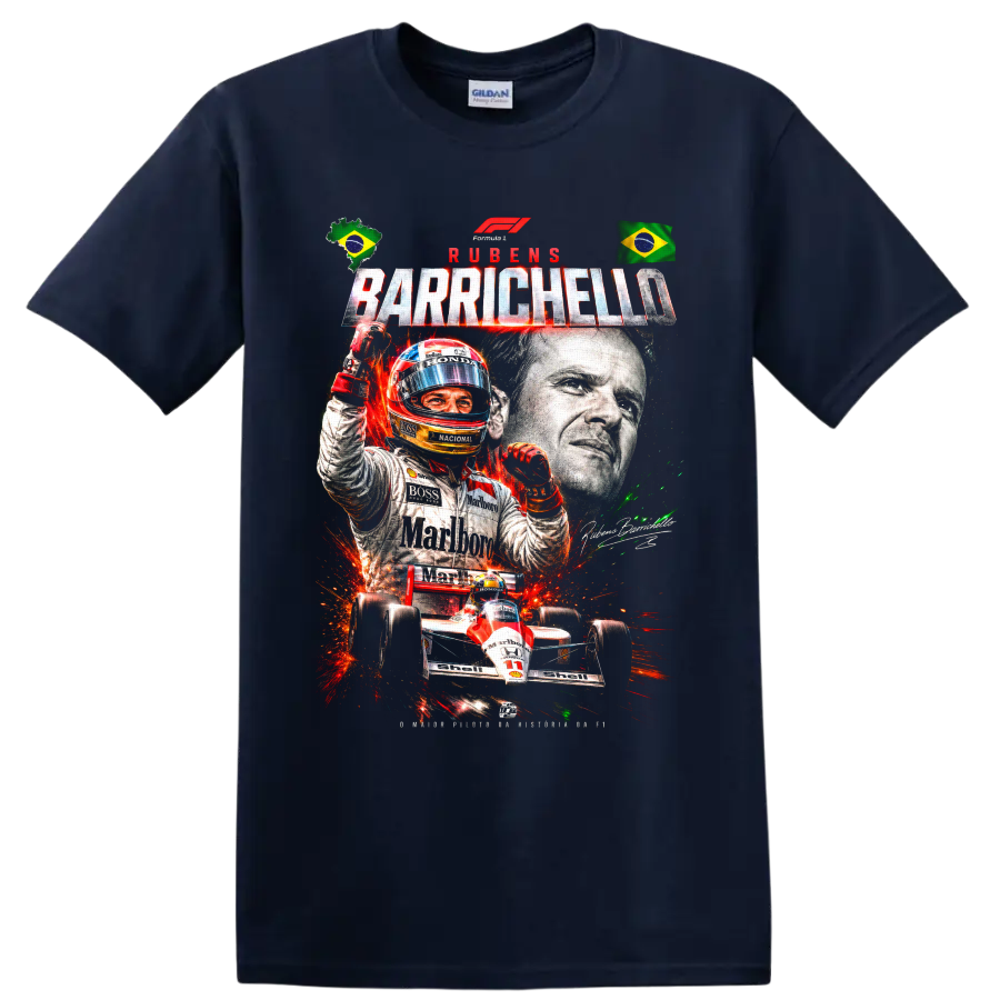 Rubens Barrichello racing collage with Brazilian flags, helmeted driver, and number 11 car on a Navy (Blue) T Shirt