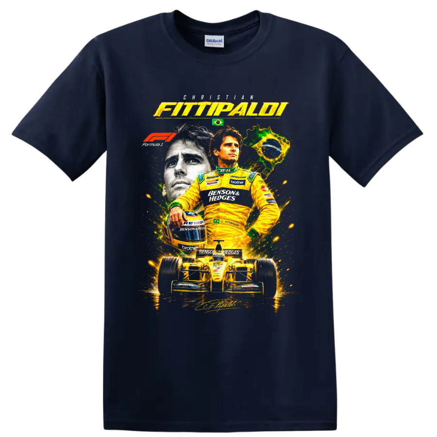 Christian Fittipaldi portrait with yellow open-wheel race car and Brazil-inspired graphics on a Navy (Blue) T Shirt
