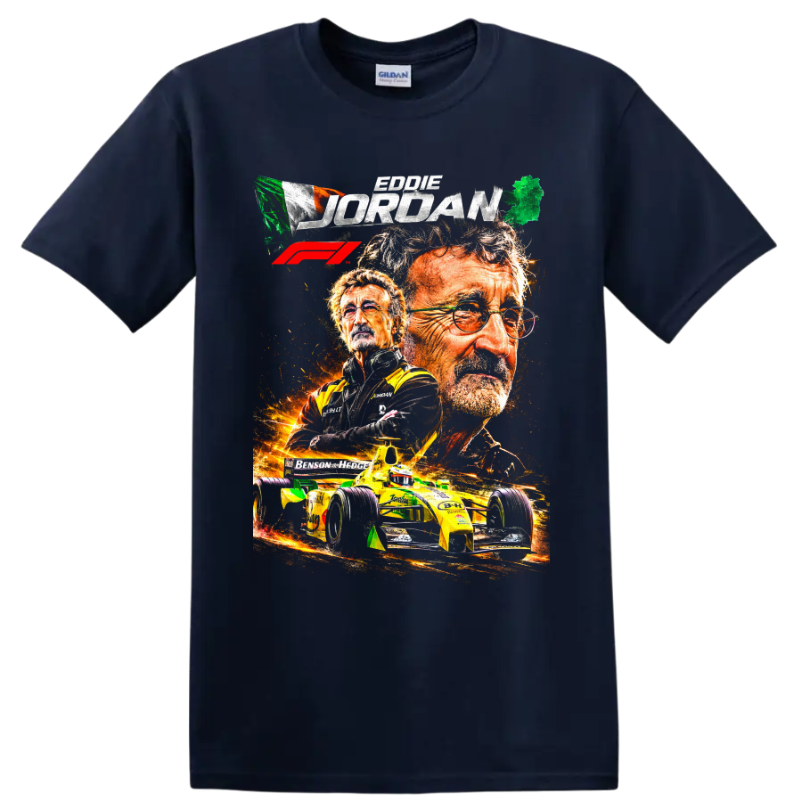 Eddie Jordan portrait collage with Irish flag, fiery Jordan Grand Prix race car, and F1 on a Navy (Blue) T Shirt