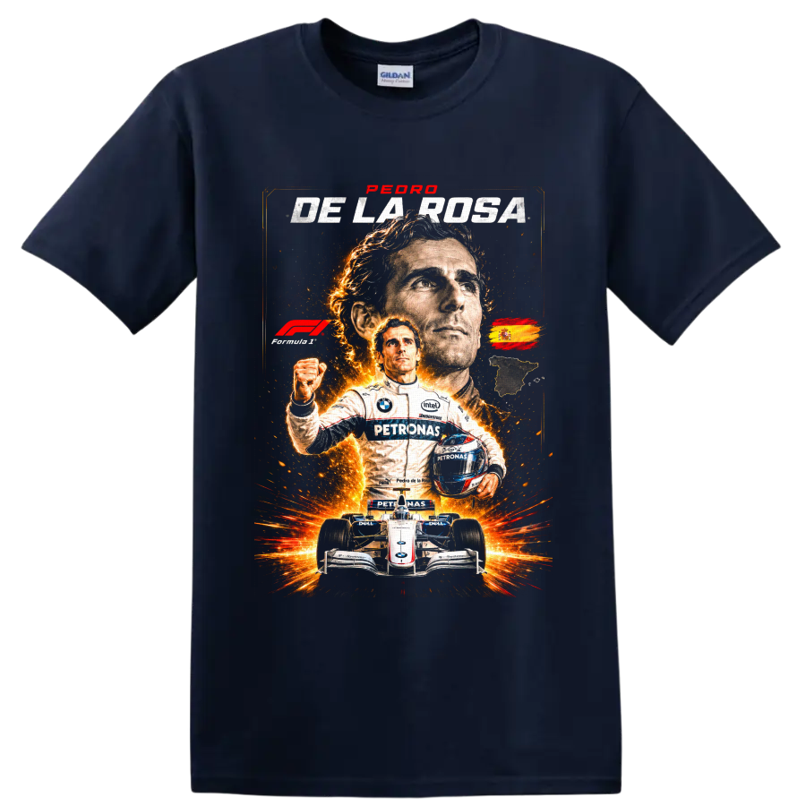 Pedro de la Rosa Formula 1 racing collage with BMW Sauber car, helmet, and fiery sparks on a Navy (Blue) T Shirt