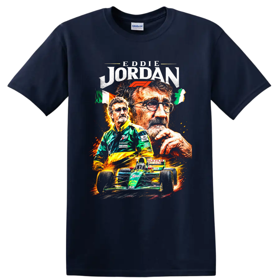 Eddie Jordan portraits with Formula 1 logo, Irish flag, and green number 32 race car on a Navy (Blue) T Shirt