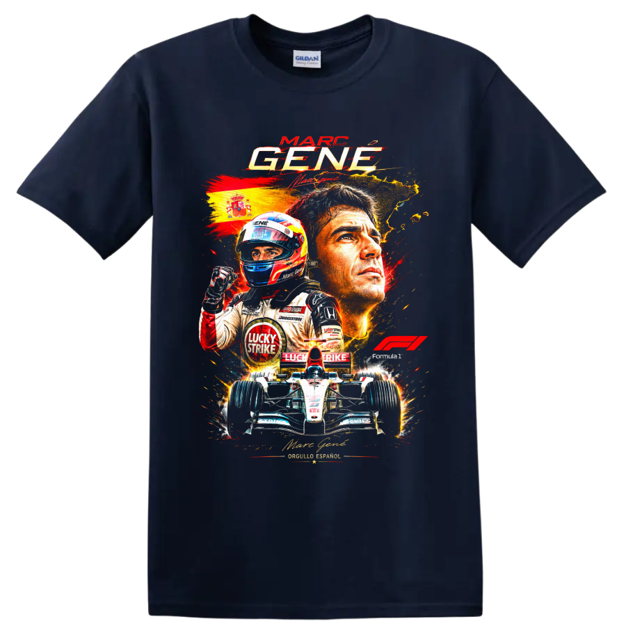 Marc Gene Formula 1 driver collage with Spanish flag, helmeted racer, and open-wheel car on a Navy (Blue) T Shirt