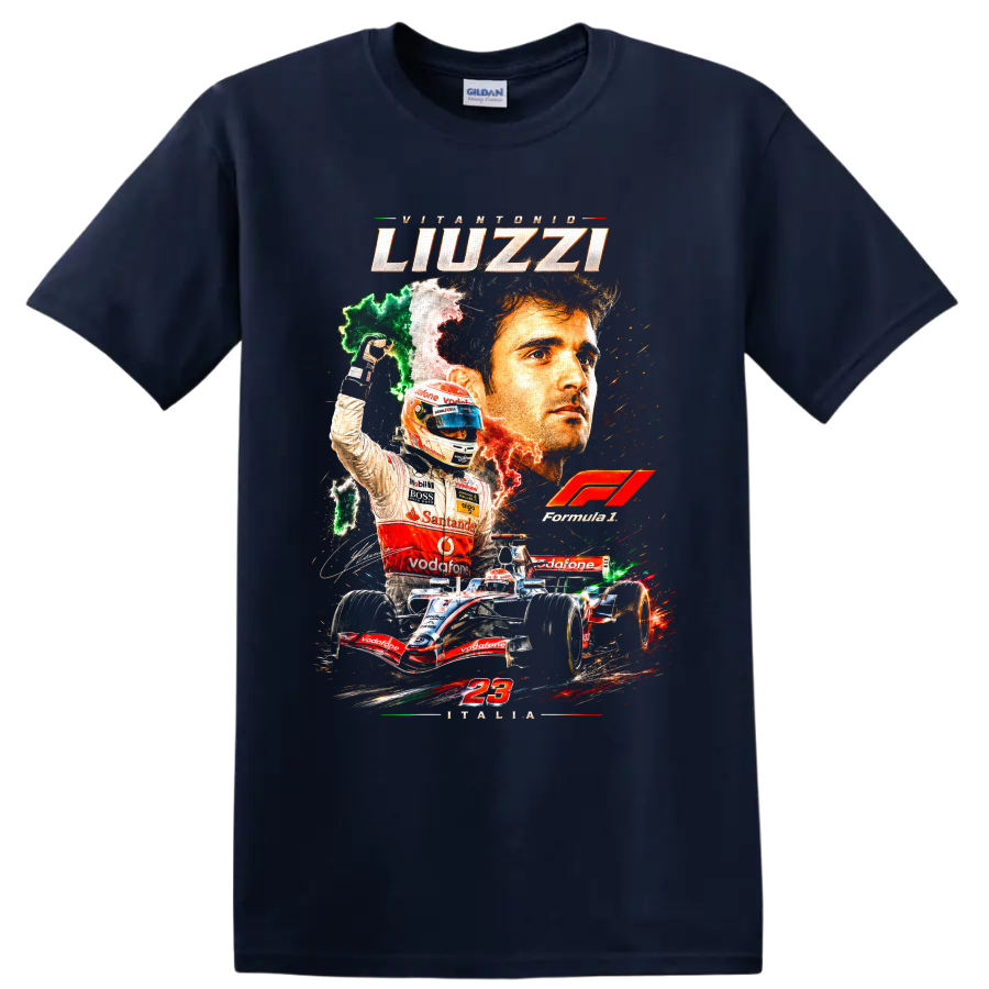 Vitantonio Liuzzi Formula 1 racing collage with Italy colors, number 23, and open-wheel on a Navy (Blue) T Shirt