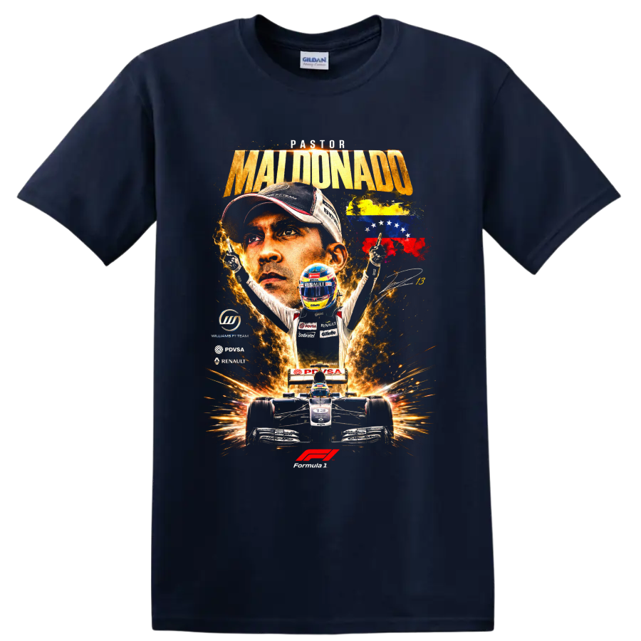 Pastor Maldonado Formula 1 portrait with Williams Renault car and Venezuelan flag artwork on a Navy (Blue) T Shirt