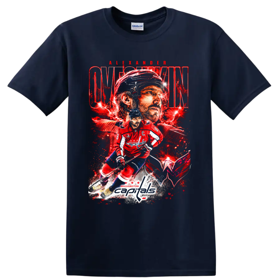 Alexander Ovechkin Washington Capitals red lightning hockey collage graphic on a Navy (Blue) T Shirt