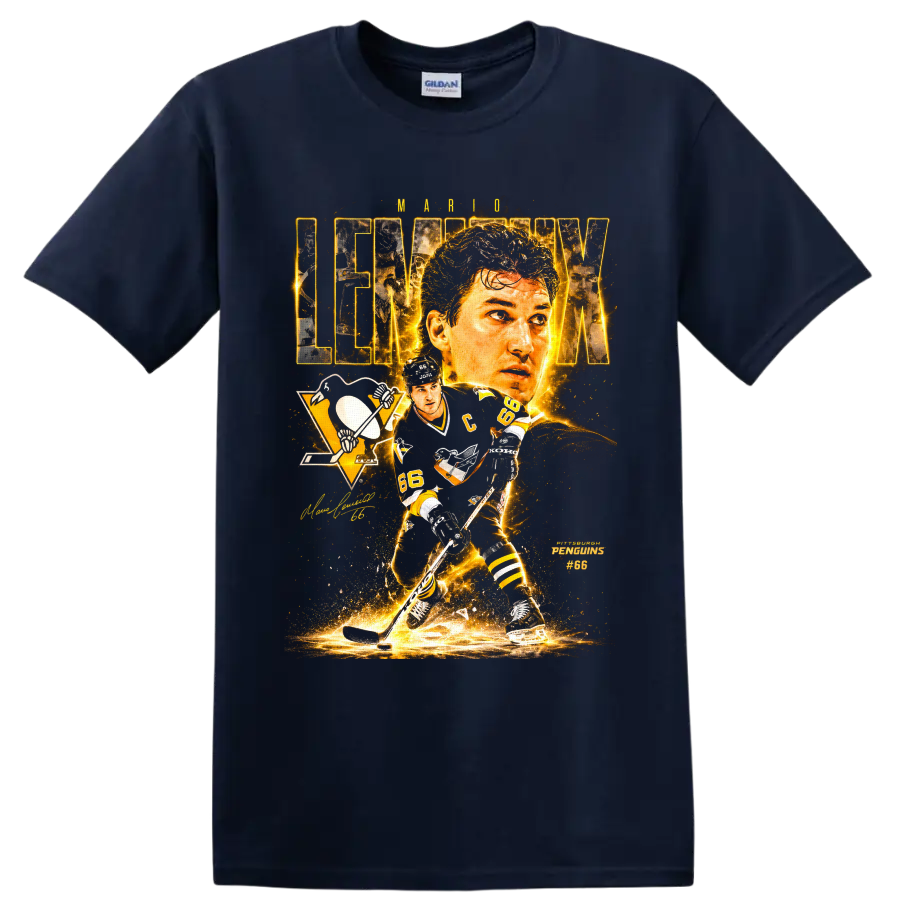 Mario Lemieux Pittsburgh Penguins No. 66 gold hockey collage graphic on a Navy (Blue) T Shirt