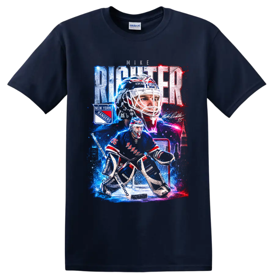 Mike Richter New York Rangers goalie collage with bold city skyline and hockey graphics on a Navy (Blue) T Shirt