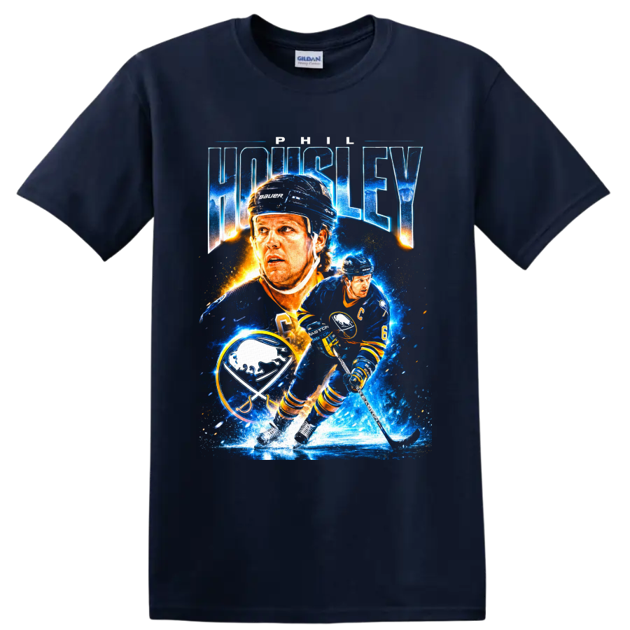 Phil Housley Buffalo Sabres hockey collage with bold name text and number 6 on a Navy (Blue) T Shirt