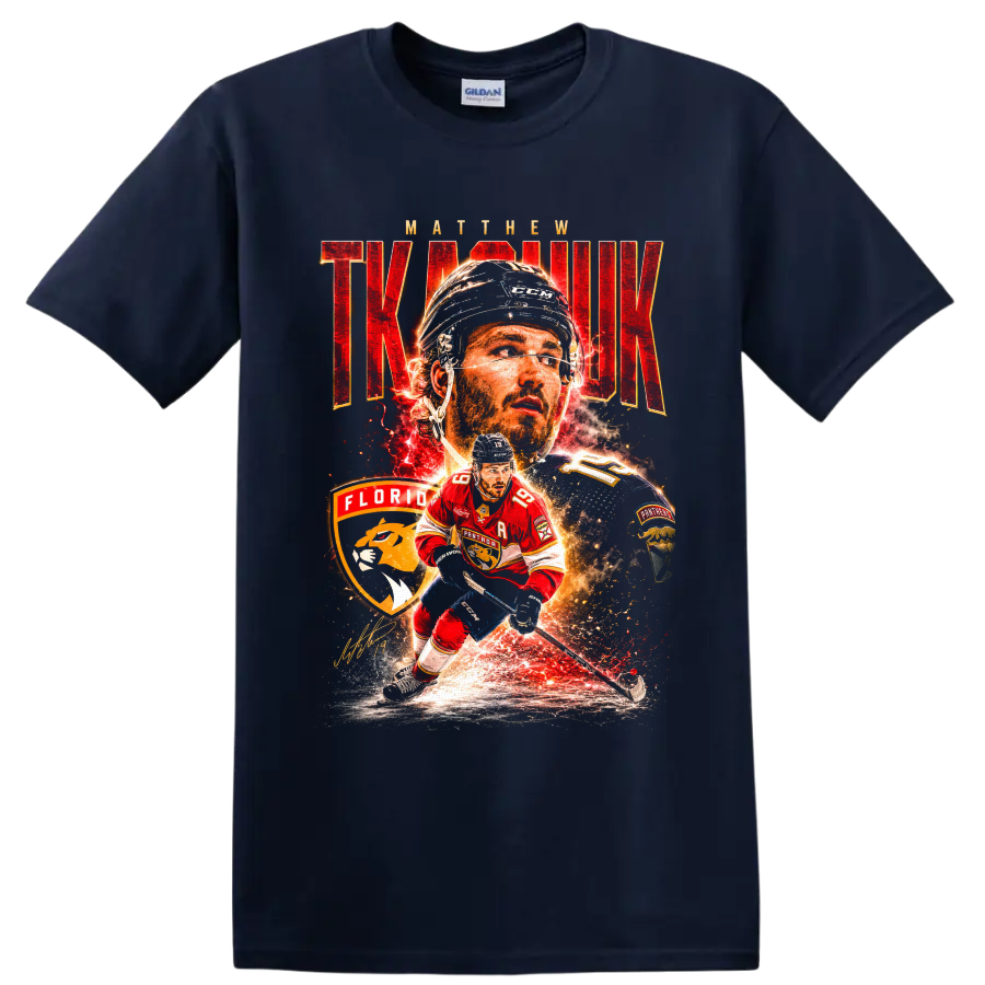Matthew Tkachuk Florida Panthers hockey collage with bold red lettering and fiery effects on a Navy (Blue) T Shirt