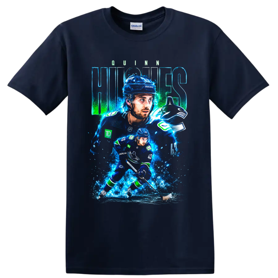 Quinn Hughes Vancouver Canucks hockey player collage with electric blue ice effects on a Navy (Blue) T Shirt