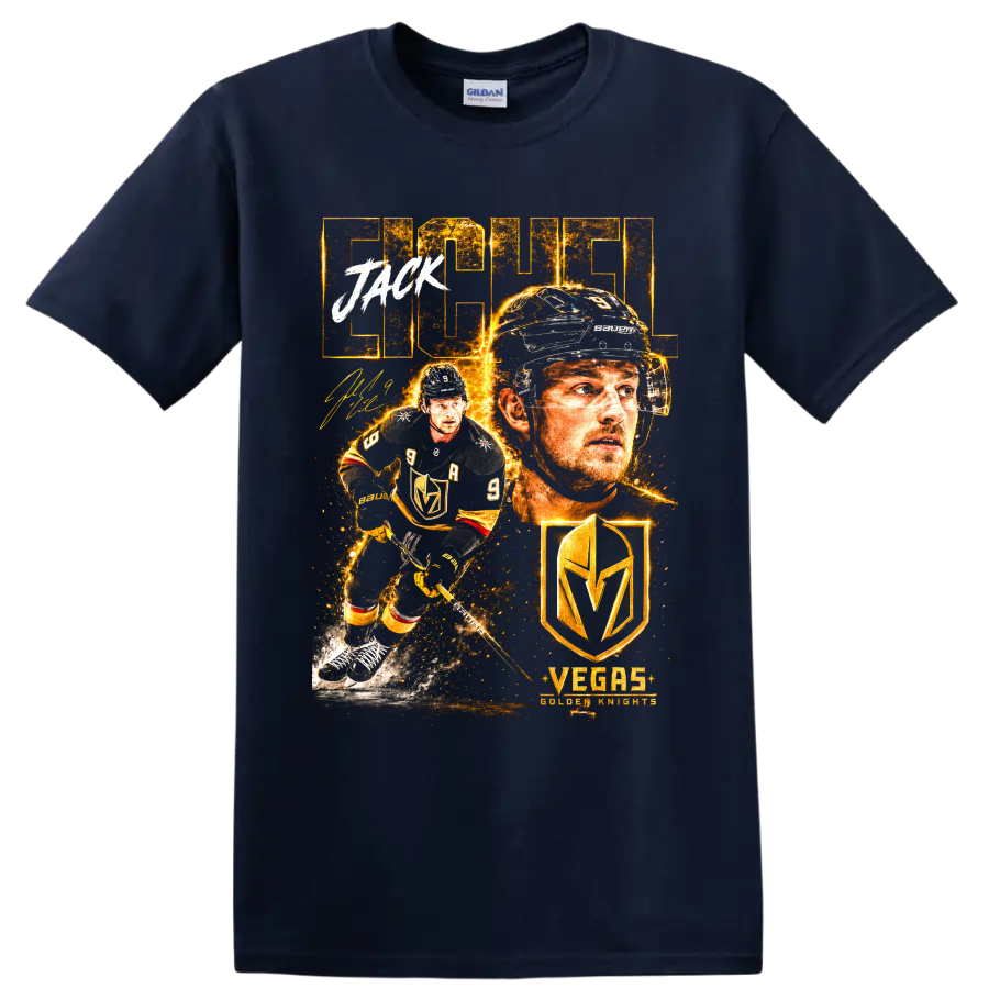 Jack Eichel Vegas Golden Knights fiery gold hockey portrait and action graphic on a Navy (Blue) T Shirt