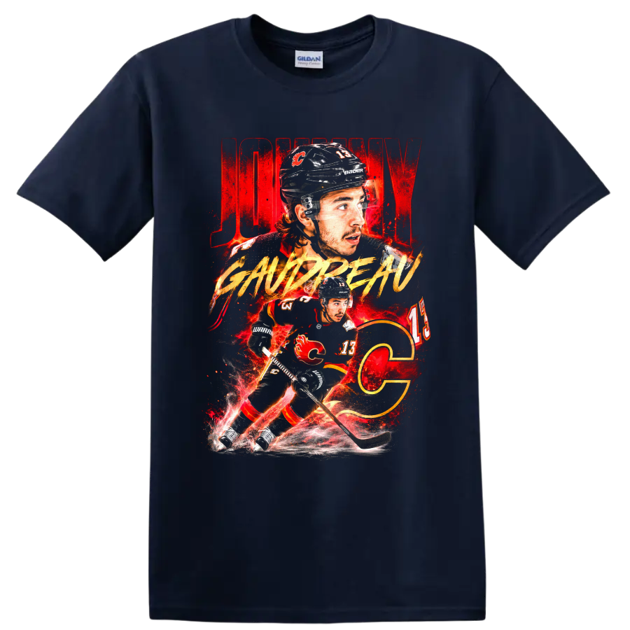 Johnny Gaudreau Calgary Flames hockey player portrait and skating action graphic on a Navy (Blue) T Shirt