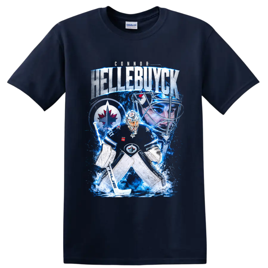 Connor Hellebuyck Winnipeg Jets goaltender blue ice collage graphic on a Navy (Blue) T Shirt
