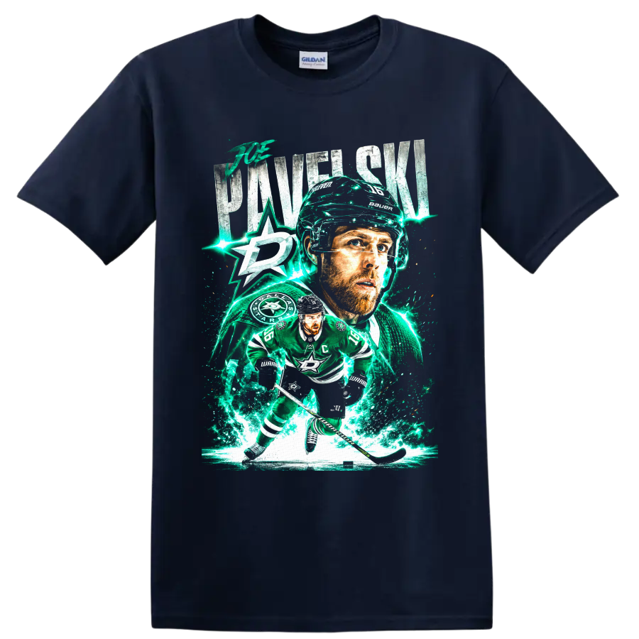 Joe Pavelski Dallas Stars hockey portrait and skating graphic with electric ice effects on a Navy (Blue) T Shirt