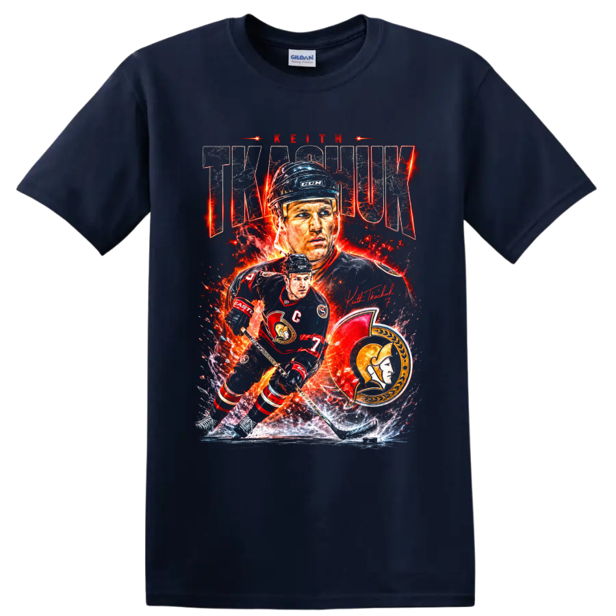 Keith Tkachuk Ottawa Senators hockey portrait and fiery action collage with number 7 on a Navy (Blue) T Shirt