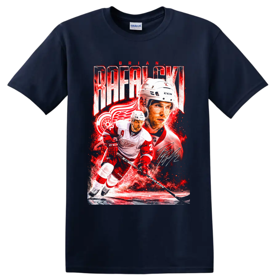 Brian Rafalski Detroit Red Wings action collage with BRIAN RAFALSKI text and signature on a Navy (Blue) T Shirt