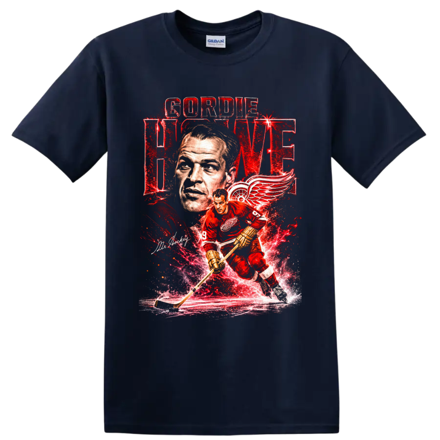 Gordie Howe Detroit Red Wings vintage hockey portrait and action graphic with Mr Hockey on a Navy (Blue) T Shirt