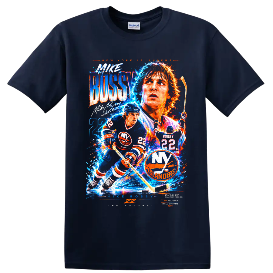 Mike Bossy New York Islanders electric hockey collage with number 22 on a Navy (Blue) T Shirt