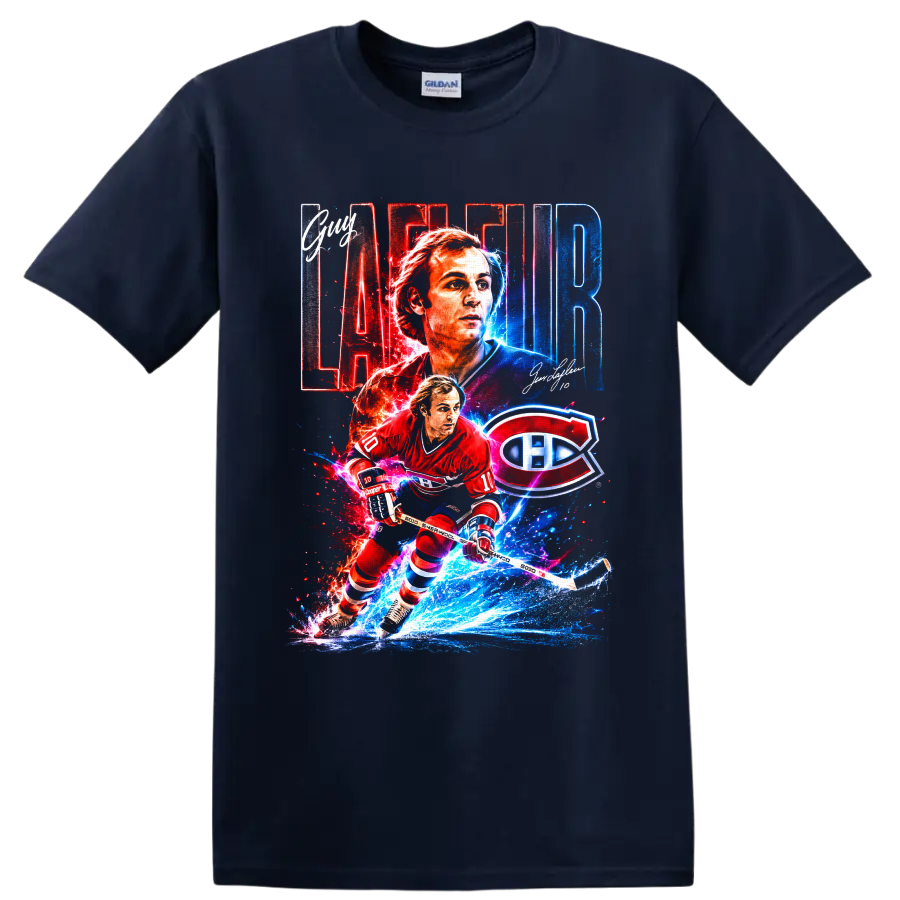 Guy Lafleur Montreal Canadiens hockey collage with number 10 and team logo on a Navy (Blue) T Shirt