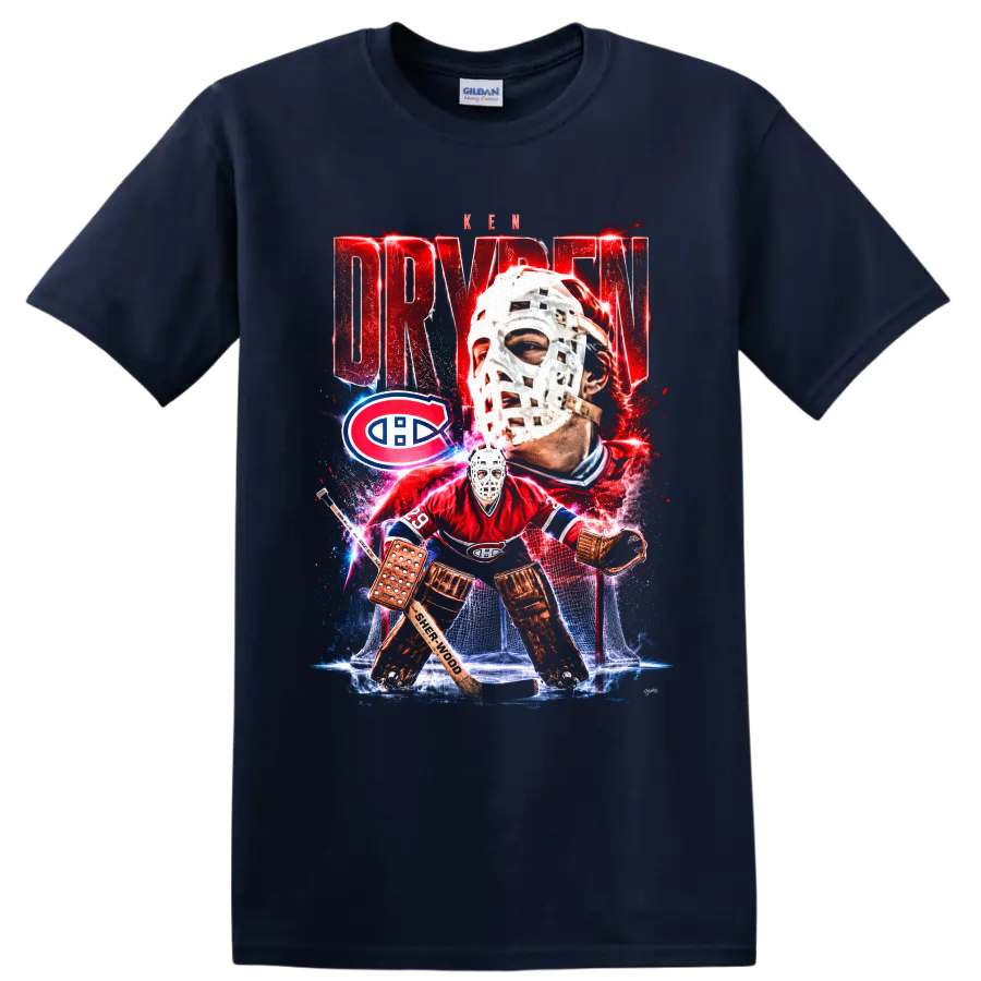 Ken Dryden Montreal Canadiens goalie collage with mask, net, and bold red lettering on a Navy (Blue) T Shirt