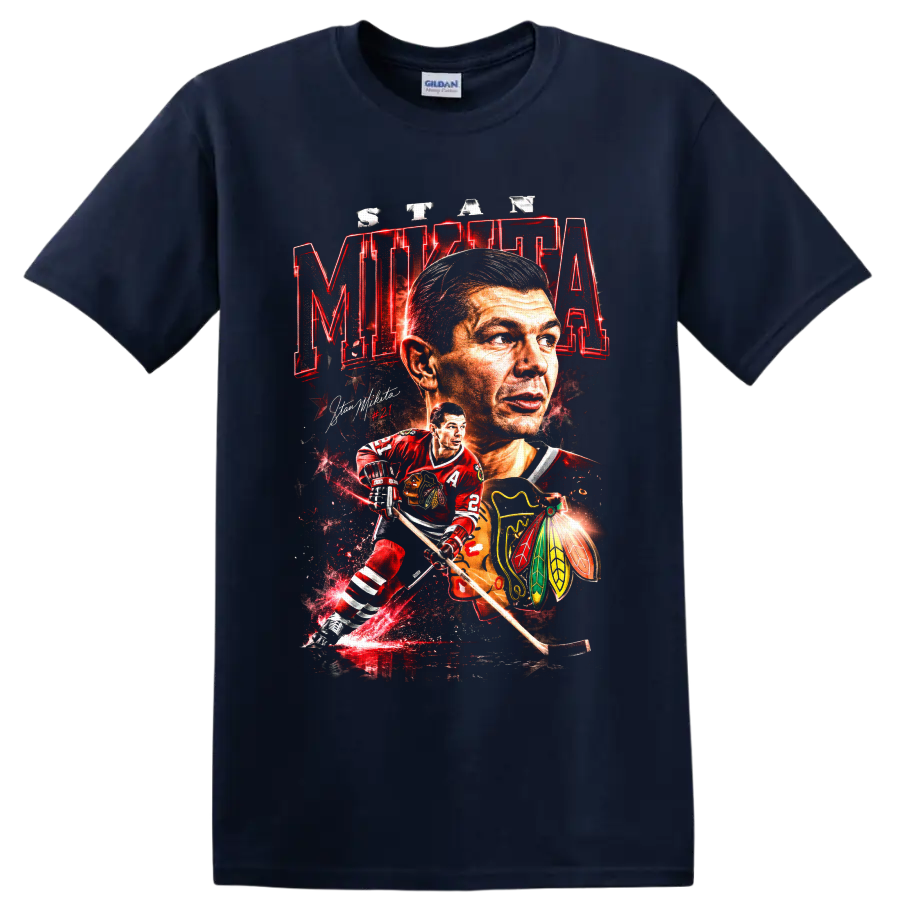 Stan Mikita #21 Chicago Blackhawks hockey portrait and action graphic print on a Navy (Blue) T Shirt