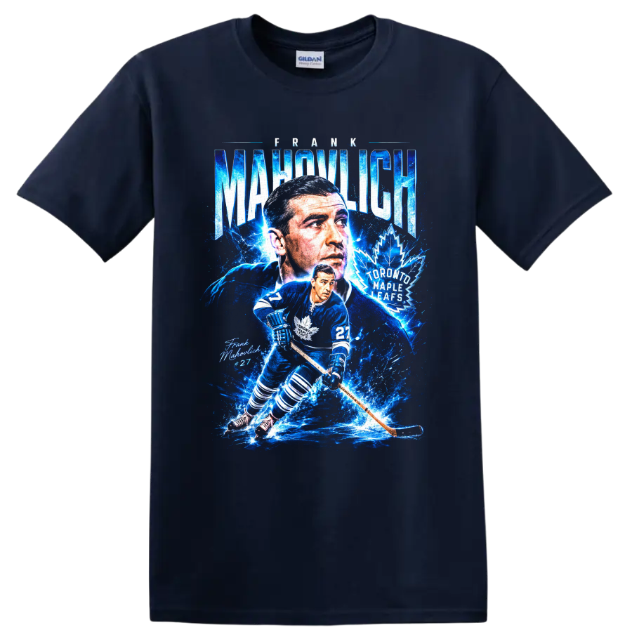 Frank Mahovlich Toronto Maple Leafs number 27 electric blue hockey collage graphic on a Navy (Blue) T Shirt