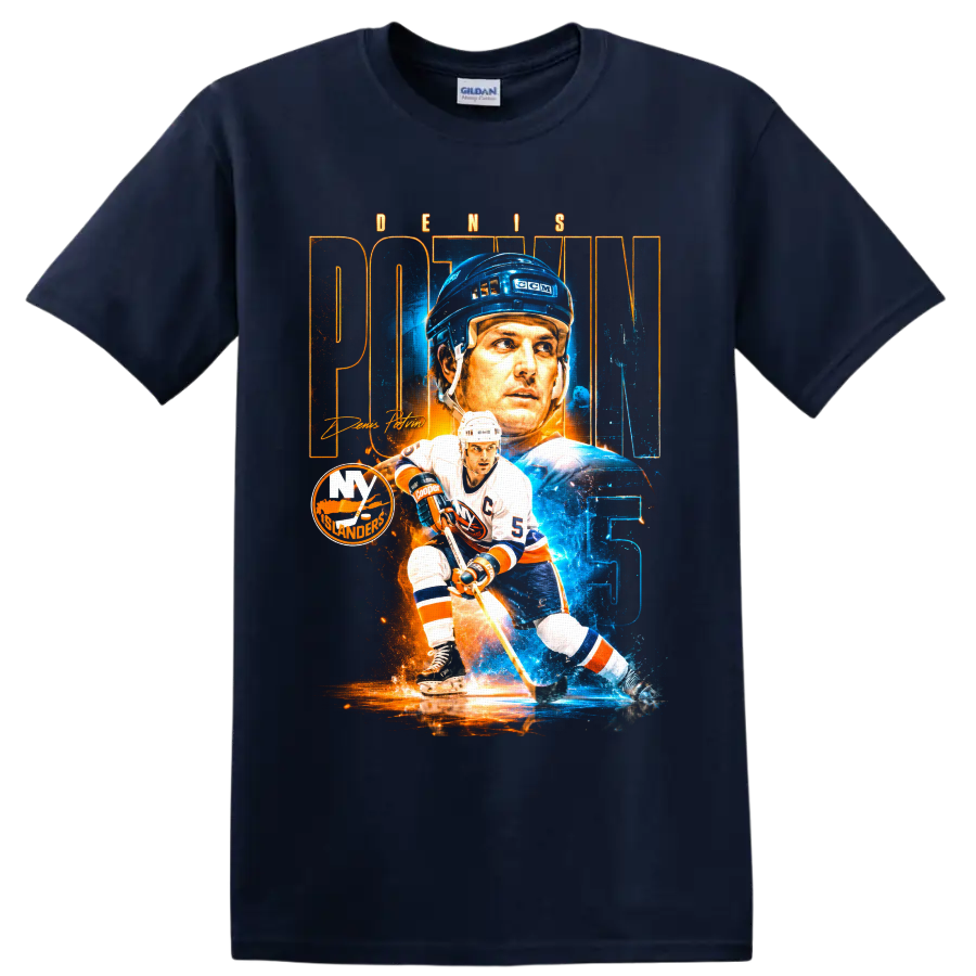 Denis Potvin New York Islanders number 5 hockey portrait and skating graphic print on a Navy (Blue) T Shirt
