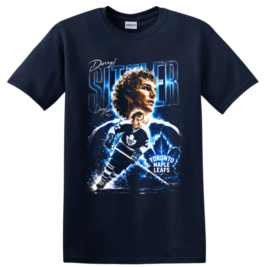 Darryl Sittler Toronto Maple Leafs hockey portrait and action graphic with number 27 on a Navy (Blue) T Shirt