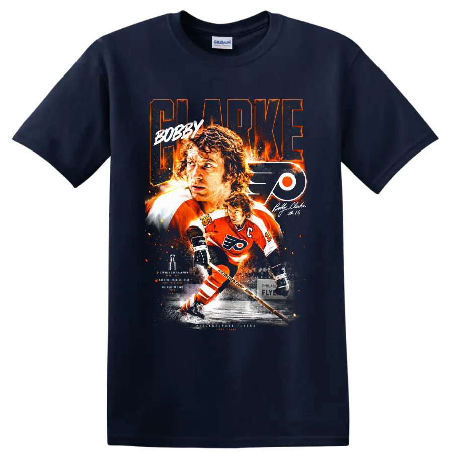 Bobby Clarke Philadelphia Flyers No. 16 vintage hockey tribute graphic on a Navy (Blue) T Shirt