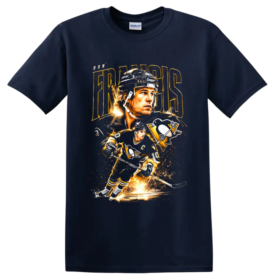 Ron Francis Pittsburgh Penguins hockey portrait and action graphic with gold lightning on a Navy (Blue) T Shirt