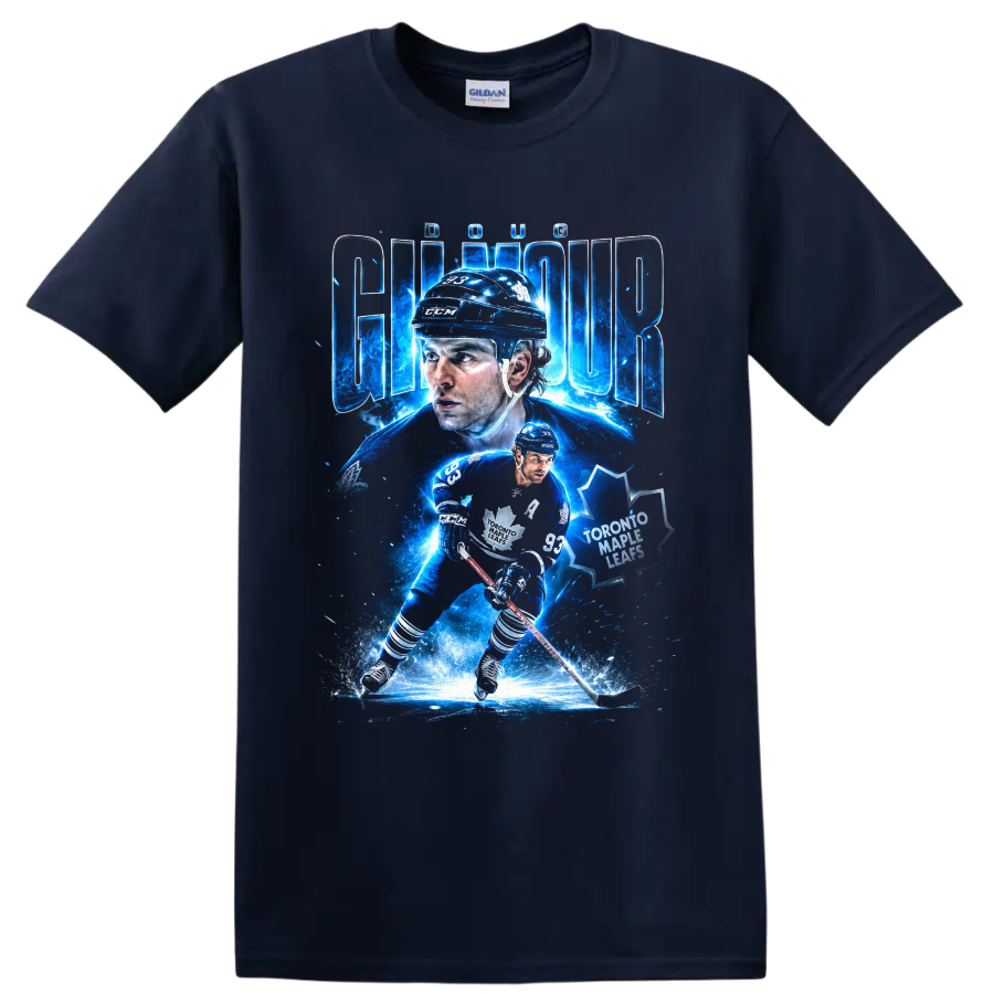 Doug Gilmour Toronto Maple Leafs hockey collage with electric blue action art on a Navy (Blue) T Shirt
