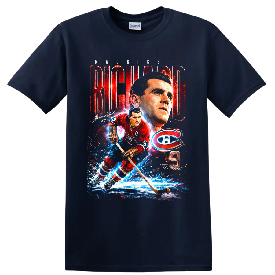 Maurice Richard No. 9 Montreal Canadiens hockey action tribute graphic on a Navy (Blue) T Shirt