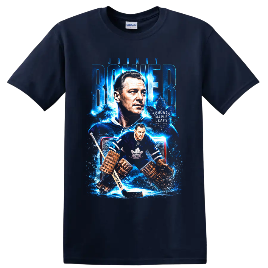 Johnny Bower Toronto Maple Leafs goalie portrait and vintage hockey action graphic on a Navy (Blue) T Shirt