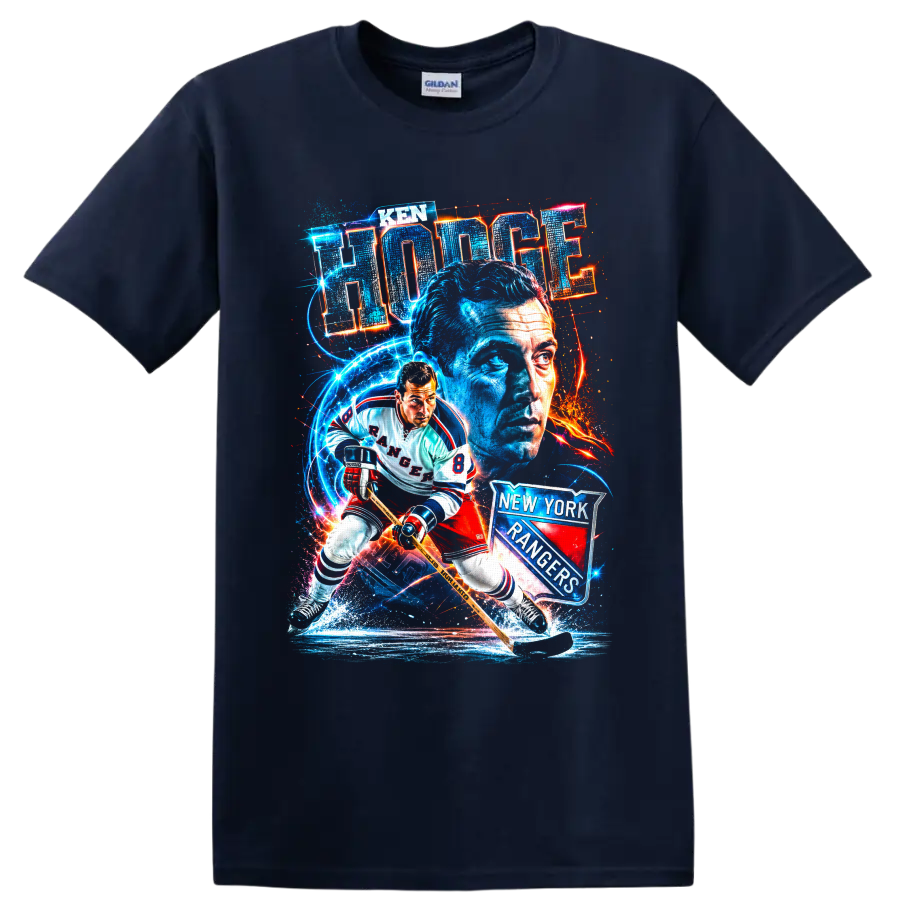 Ken Hodge New York Rangers number 8 hockey action and portrait graphic on a Navy (Blue) T Shirt