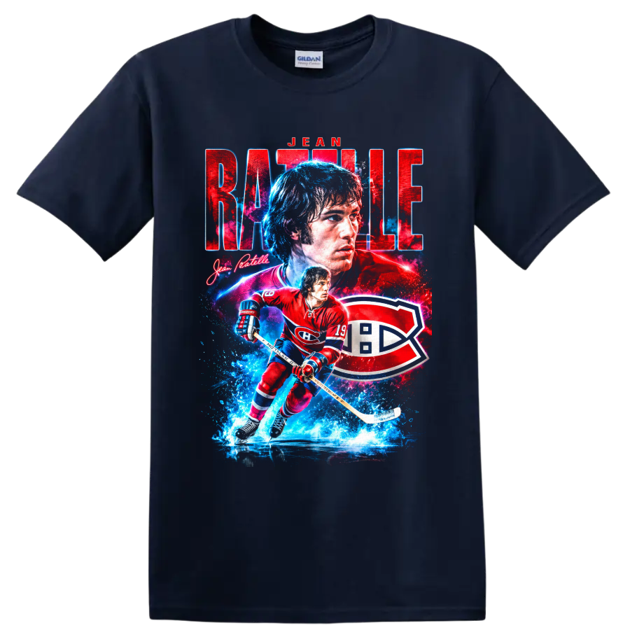 Jean Ratelle Montreal hockey portrait and skating player graphic with bold team-style on a Navy (Blue) T Shirt
