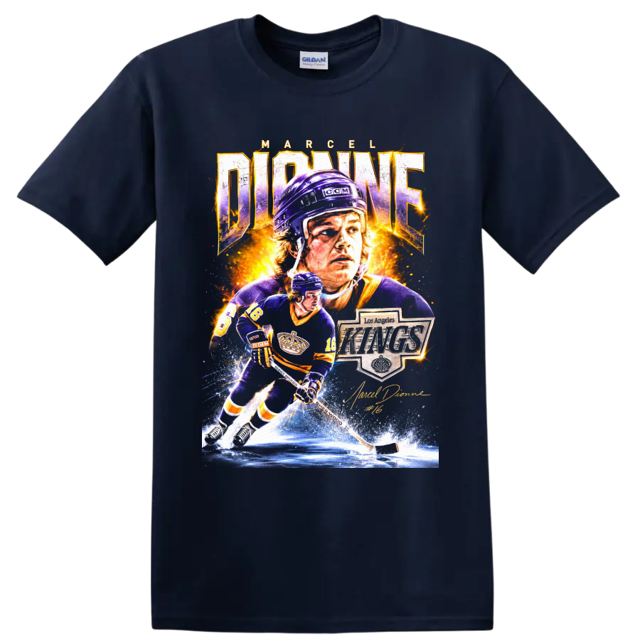 Marcel Dionne Los Angeles Kings hockey collage with number 16 and signature on a Navy (Blue) T Shirt