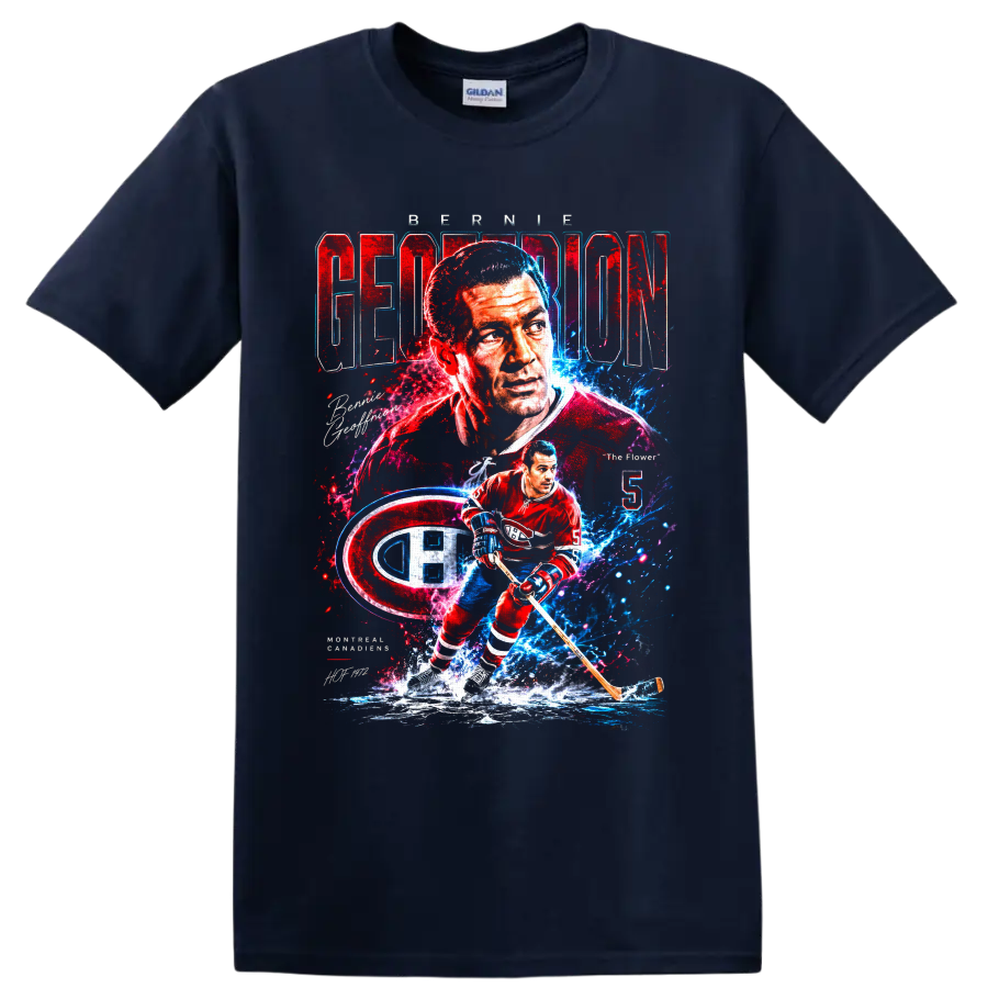 Bernie Geoffrion Montreal Canadiens retro portrait and No. 5 hockey action graphic on a Navy (Blue) T Shirt